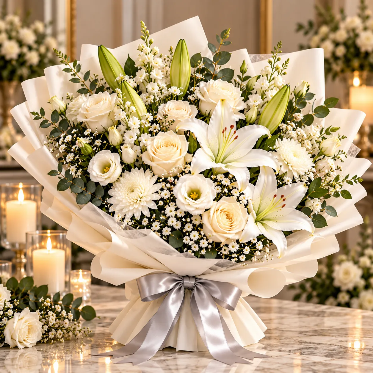 Bouquet de fleurs blanches avec roses et lys pour présenter ses condoléances au Maroc