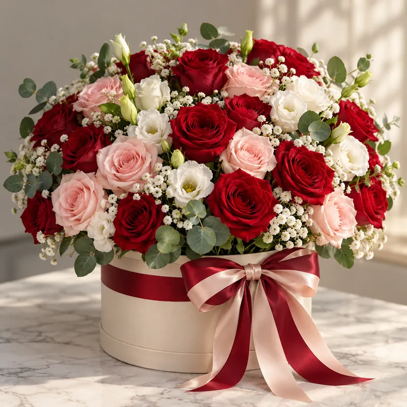 Box de fleurs avec roses rouges et roses – Fleuria Maroc