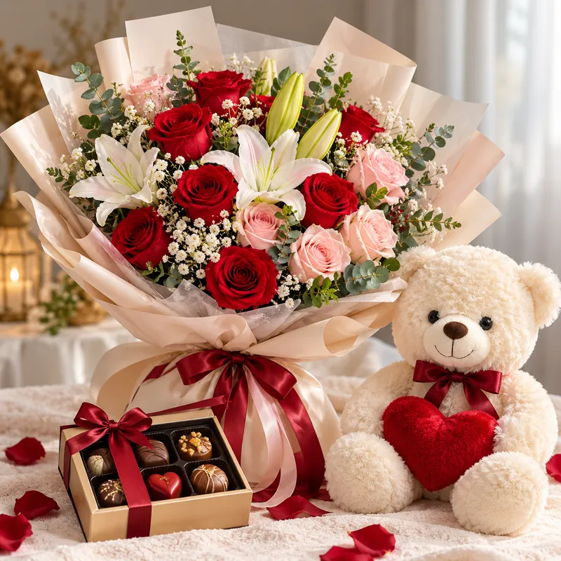 Coffret cadeau avec fleurs et peluche – Fleuria Maroc