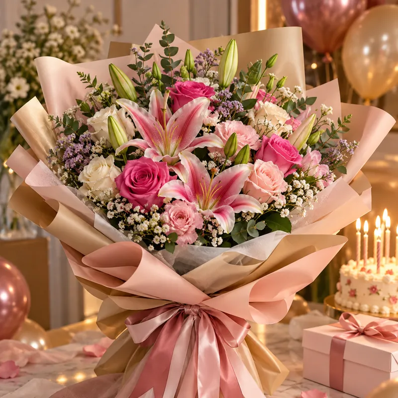 Bouquet de fleurs d’anniversaire avec roses roses – Fleuria Maroc