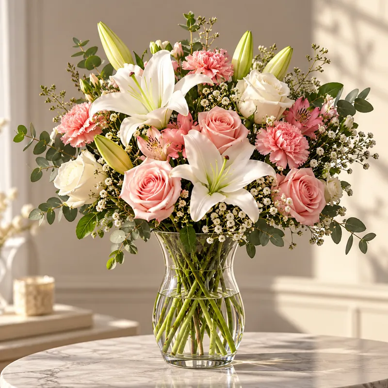 Arrangement de fleurs fraîches en vase avec roses et lys