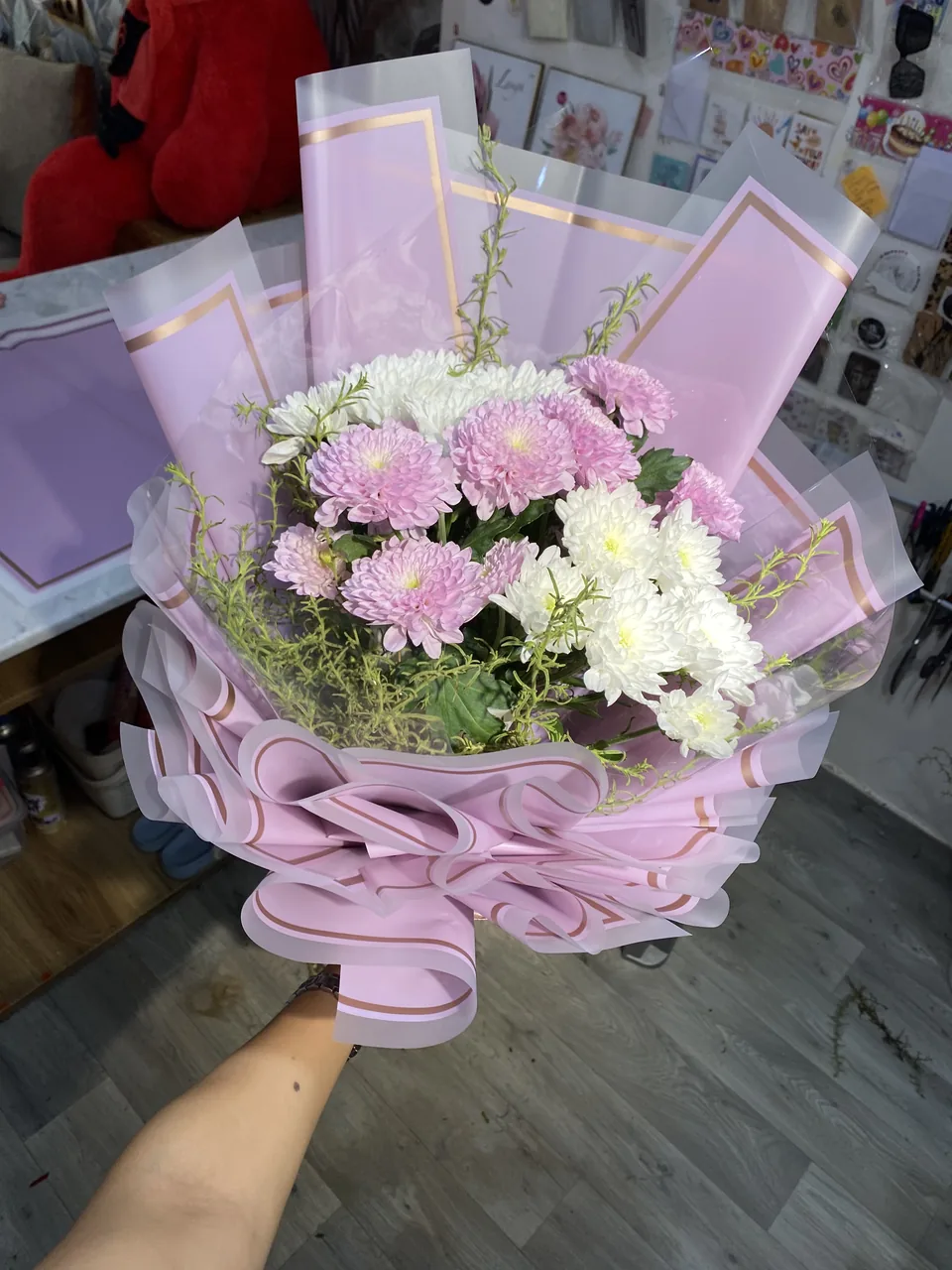 Mauvefarben – Bouquet mauve & blanc, vue principale, chrysanthèmes blancs et mauves