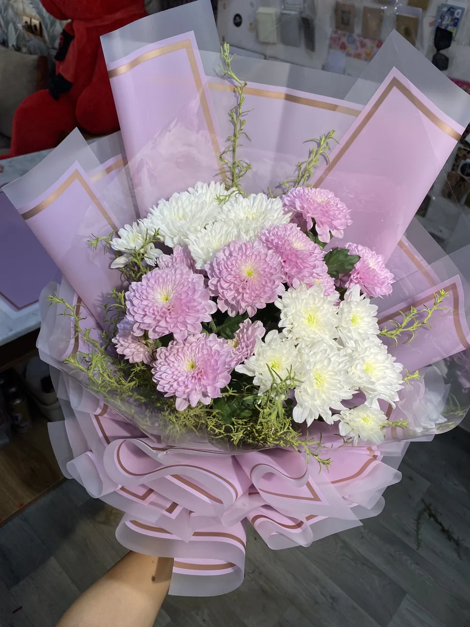Mauvefarben – Bouquet mauve & blanc, vue rapprochée, chrysanthèmes blancs et mauves