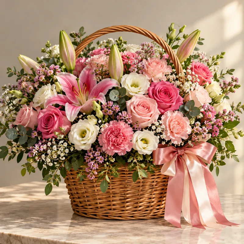 Panier de fleurs fraîches roses et blanches – Fleuria Maroc