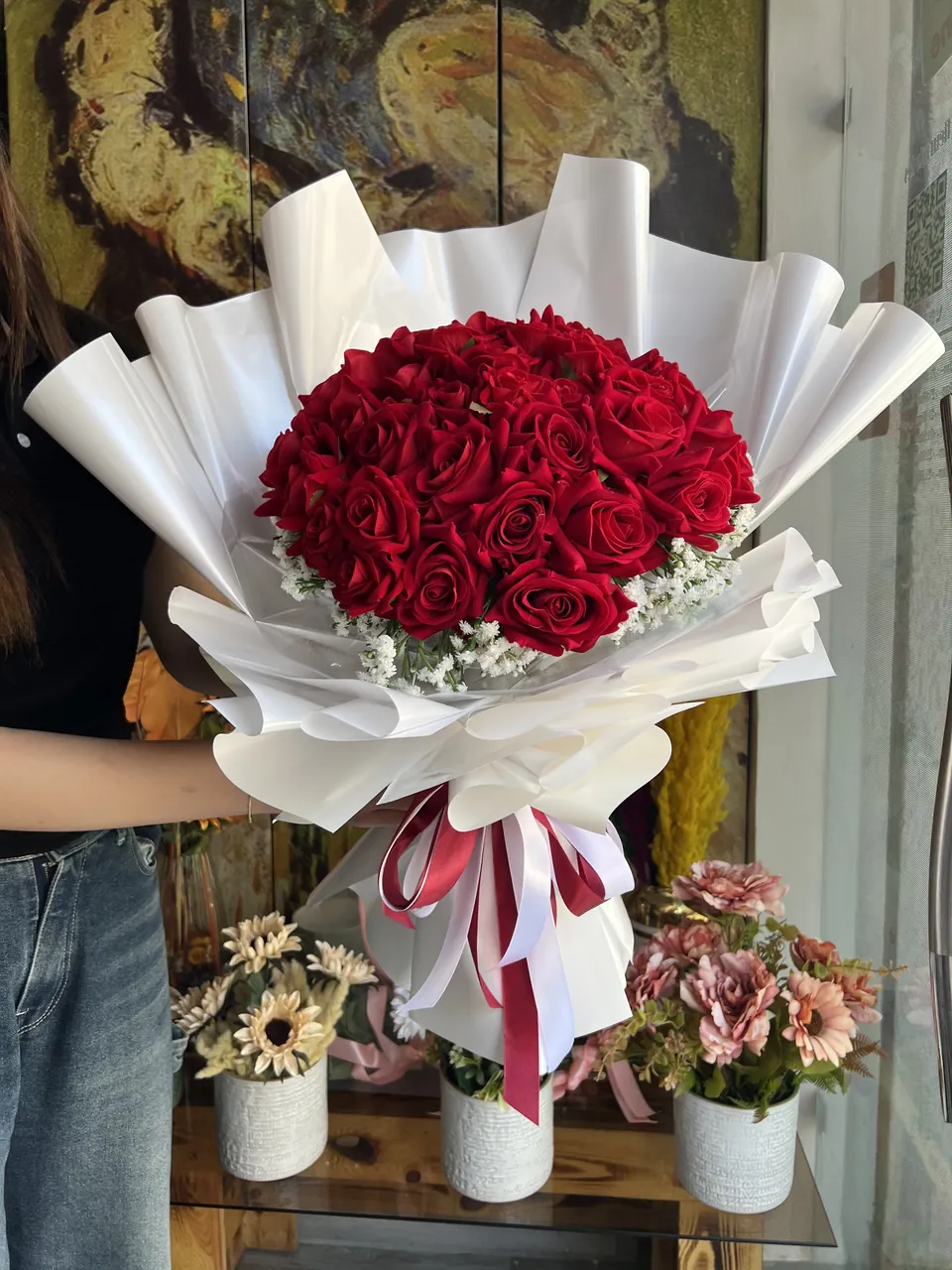 Pure Passion – Grand bouquet de roses artificielles, vue rapprochée, grand bouquet de roses rouges artificielles